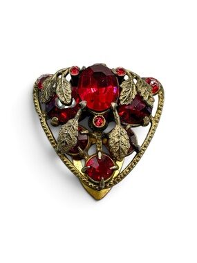 Vintage Art Deco Red Glass Rhinestone Dress Fur Clip Leaf Motif Czech Style 1.5”